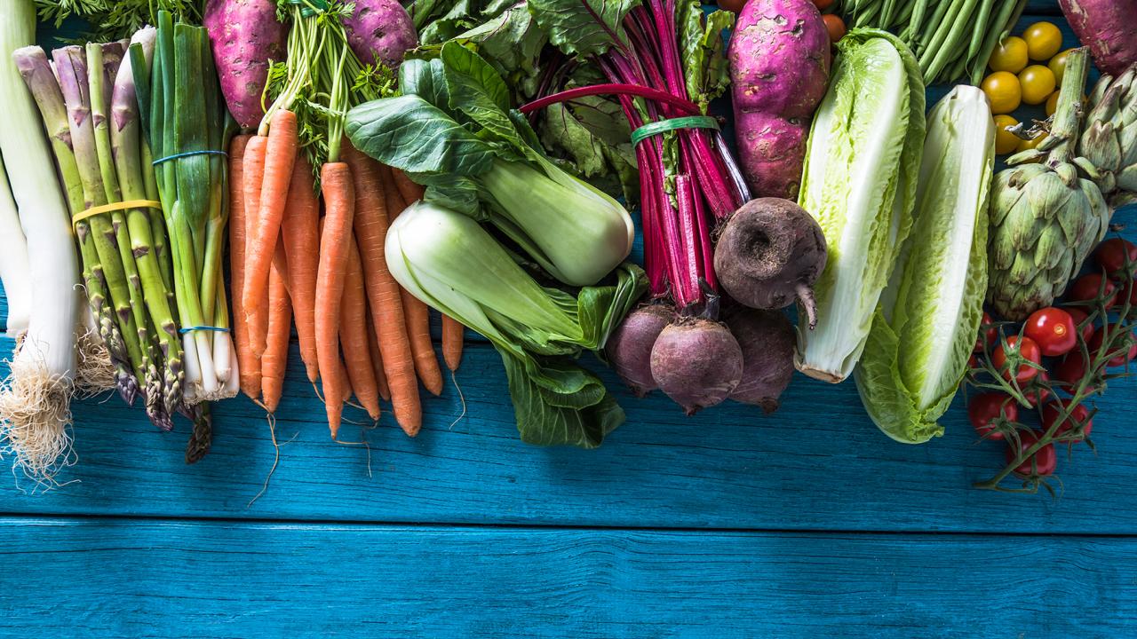 Blue table and vegetables