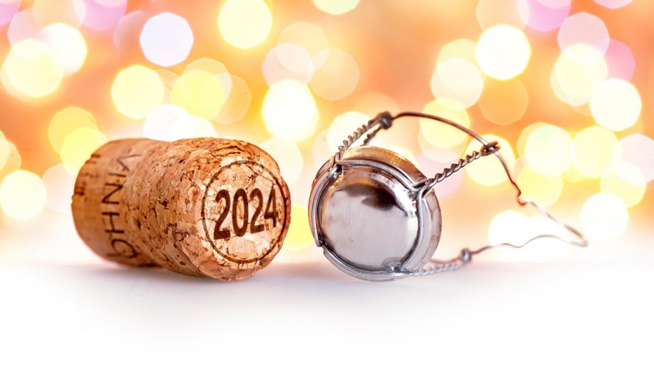 Wine cork with 2024 printed on it with lights in the background