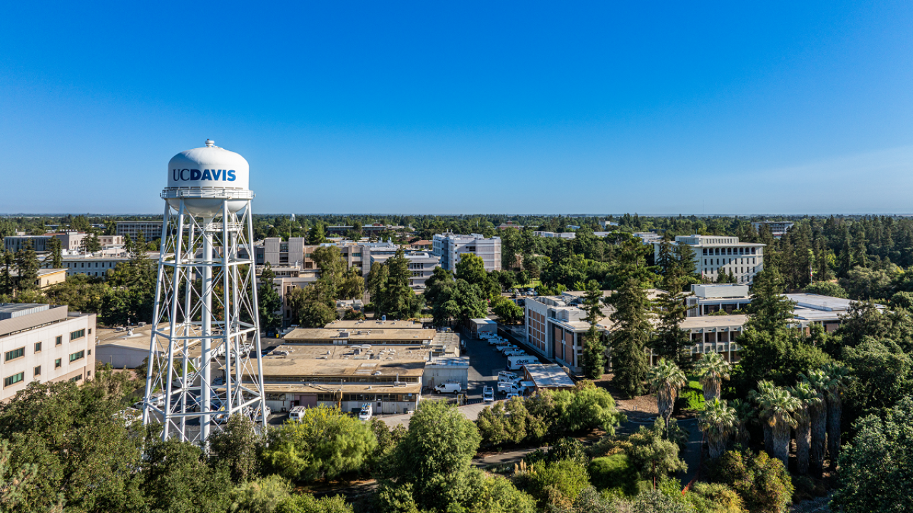 UC Davis Water Tower with campus around it