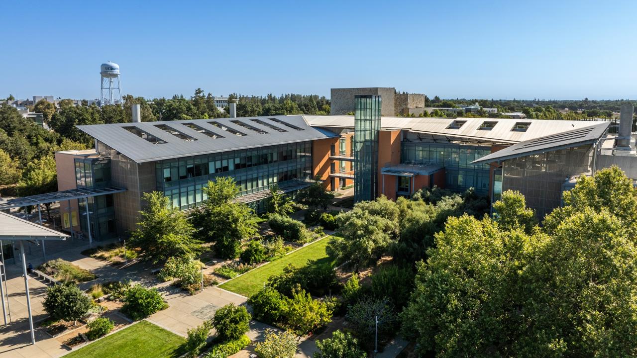 Arial photo of Robert Mondavi Institute North building and Good Life Garden