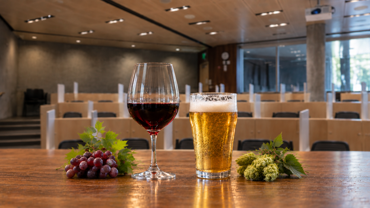 Red wine glass and beer pint on wooden table with grapes and hops in modern restaurant