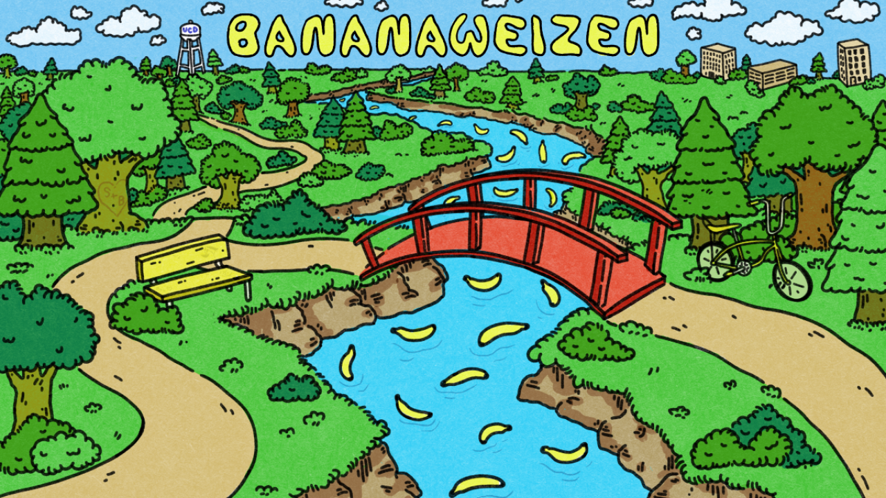 Cartoon park scene: stream with floating bananas beneath red arched bridge