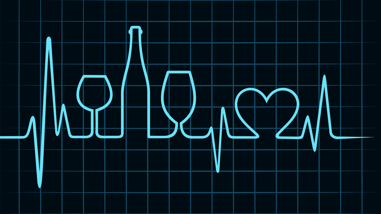 Heartbeat, wine glasses and wine bottle