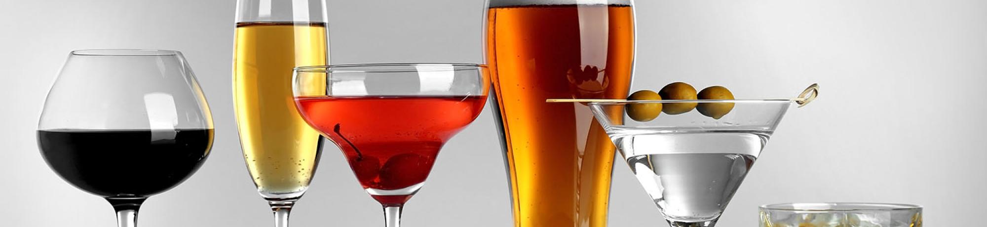 Assorted beer, wine & spirits in glasses